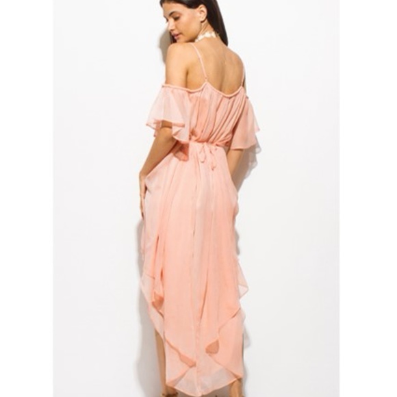 Coral Pink Cold Shoulder High Low Party Sun Dress - Picture 6 of 7